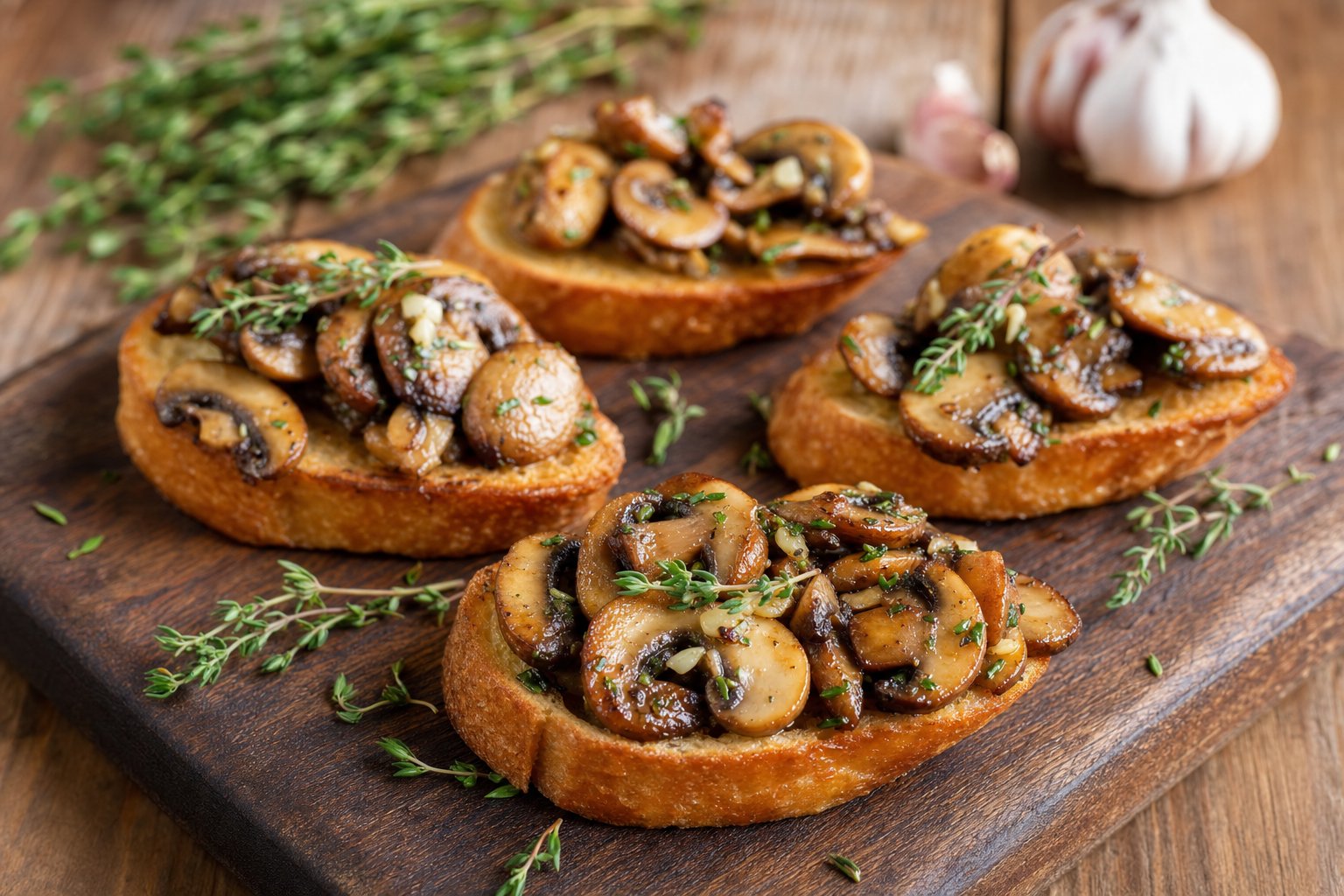 Schnelle_Pilzpfanne_mit_Knoblauch_und_Thymian_auf_Baguettescheiben